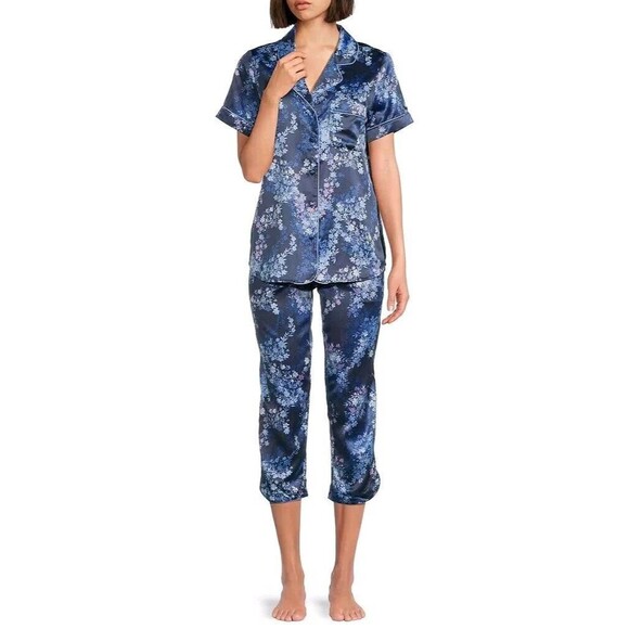 Cabernet by Sleep Sense Satin Floral Short Sleeve Notch Collar Capri Pajama Set - Picture 1 of 16